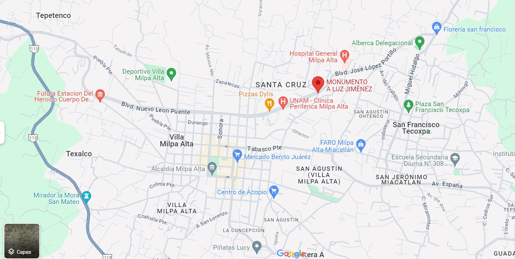 Mapa de Milpa Alta y el Monumento a Luz Jiménez, donde saldrá la marcha del 8M.