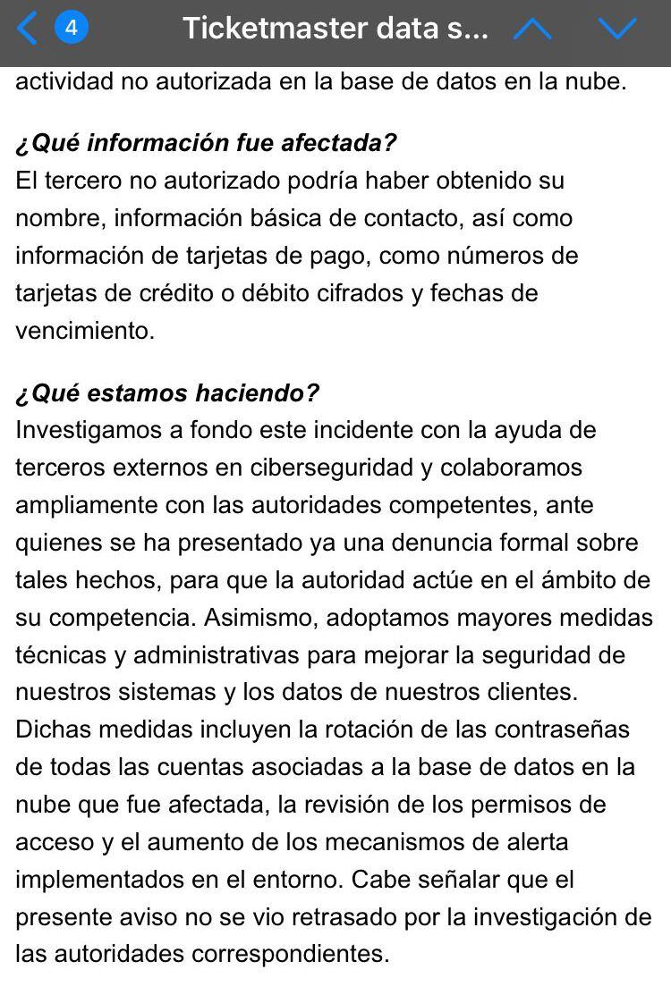 Ticketmaster envio a sus usuarios un correo narrando lo acontecido. (Foto: Captura de pantalla)