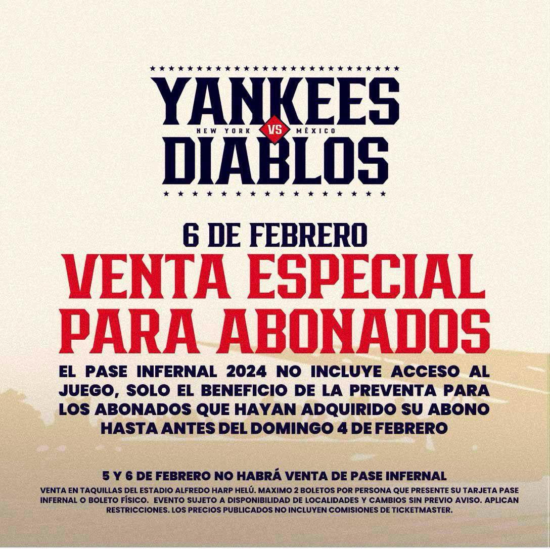 Información sobre venta especial para abonados para los juegos de Yankees vs. Diablos Rojos. (Foto: X @DiablosRojosMX)