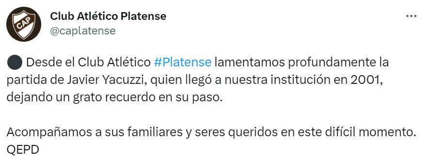 El Platense se pronunció en relación con la muerte de Javier Yacuzzi. (Foto: Twitter / @caplatense)