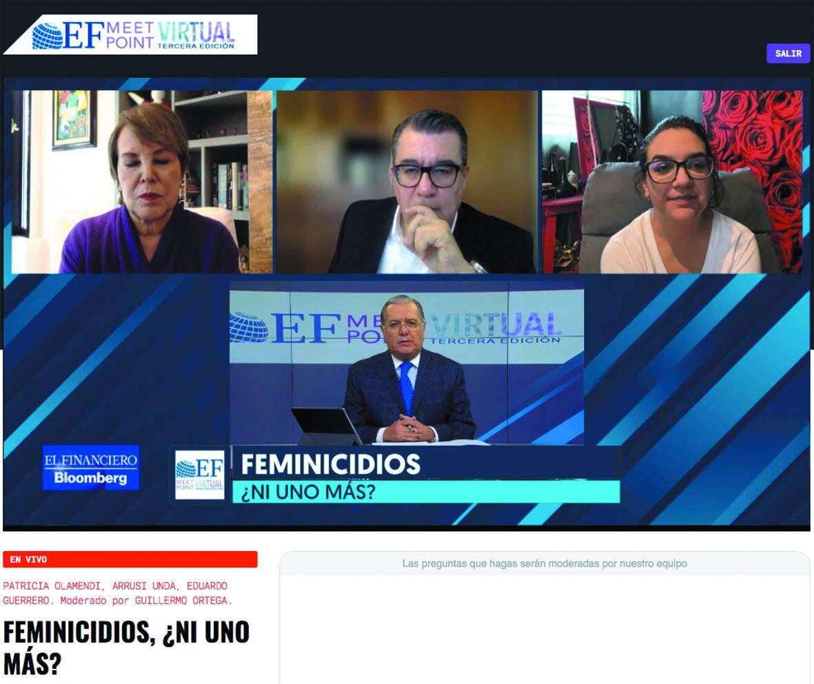 Patricia Olamendi, Eduardo Guerrero, Arussi Unda Garza y el periodista Guillermo Ortega, en El Financiero Bloomberg.