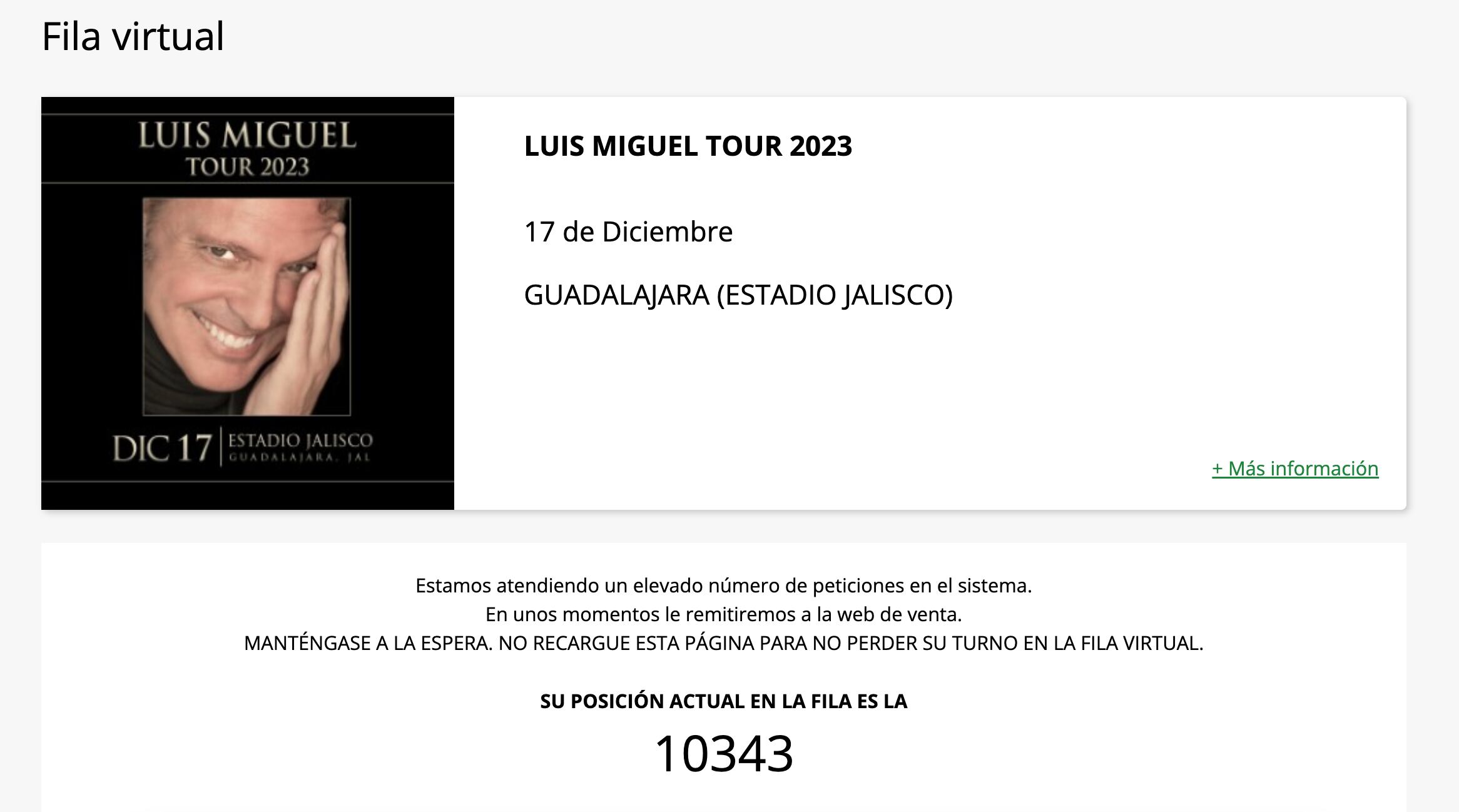 Fila Virtual para el concierto de Luis Miguel en Guadalajara el próximo 17 de diciembre.