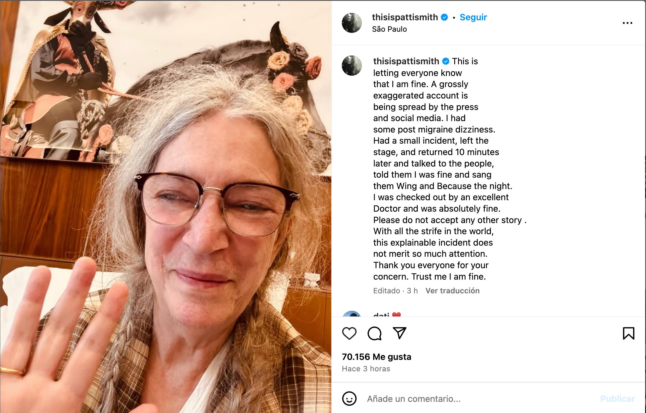 Patti Smith confirmó que se encuentra bien para dar su segundo concierto en Sao Paulo, Brasil. Así lo publicó en su perfil de Instagram. (Foto: Instagram @thisispattismith)