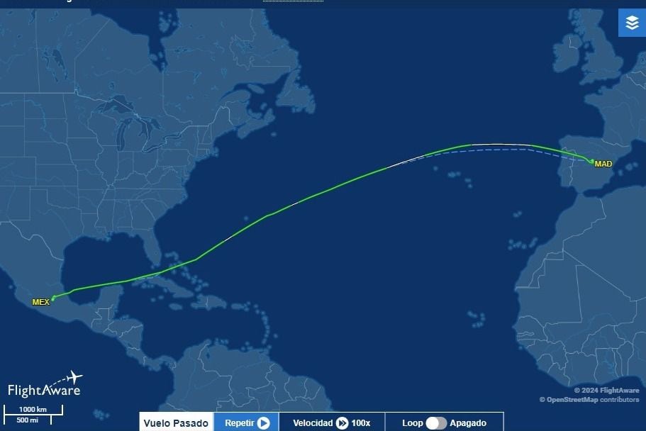 Ruta Madrid-Ciudad de México, vuelo IB6403, 31-04-07 [Fotografía. Flightaware]