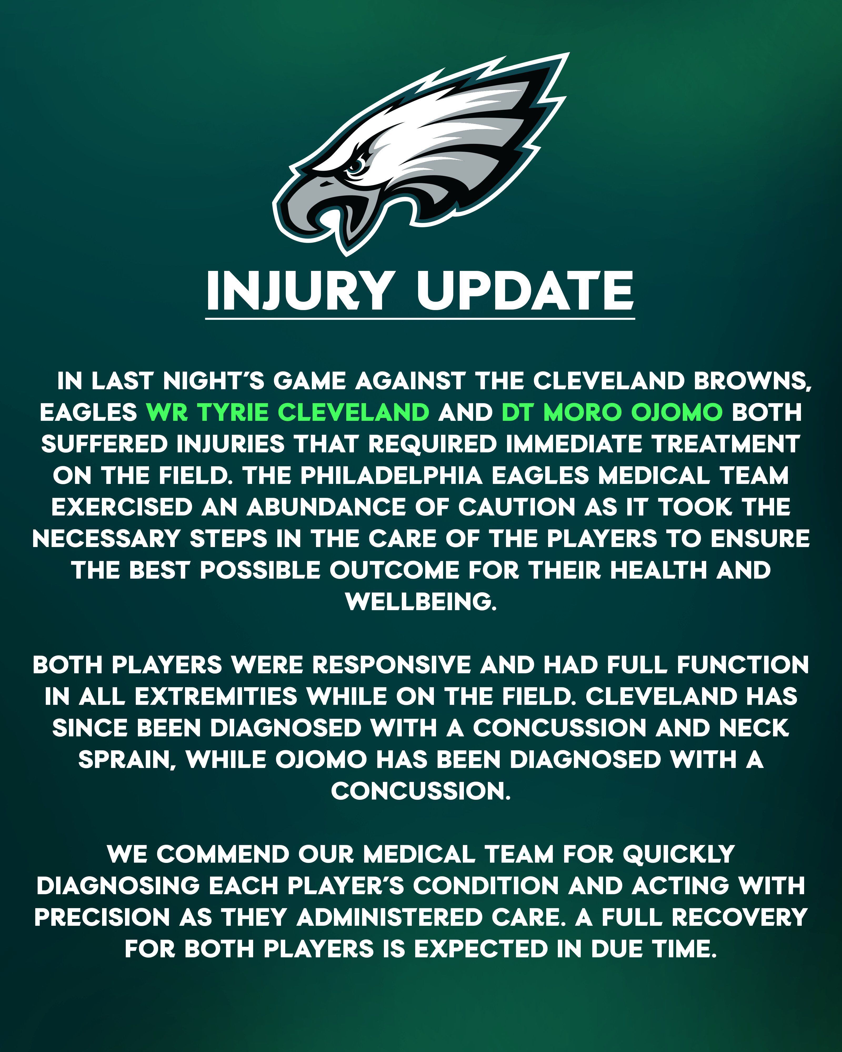 Philadelphia Eagles dio a conocer el diagnóstico tras la lesión de Tyrie Cleveland. (Foto: Twitter @Eagles)