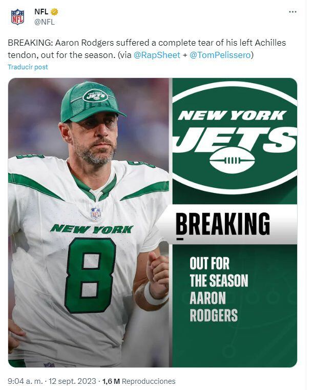 La NFL confirmó la lesión de Aaron Rodgers. (Foto: X @NFL)