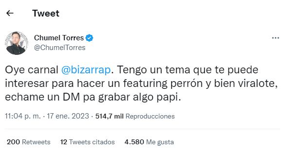 Chumel Torres etiquetó a Bizarrap para grabar una colaboración (Foto: Twitter @ChumelTorres)