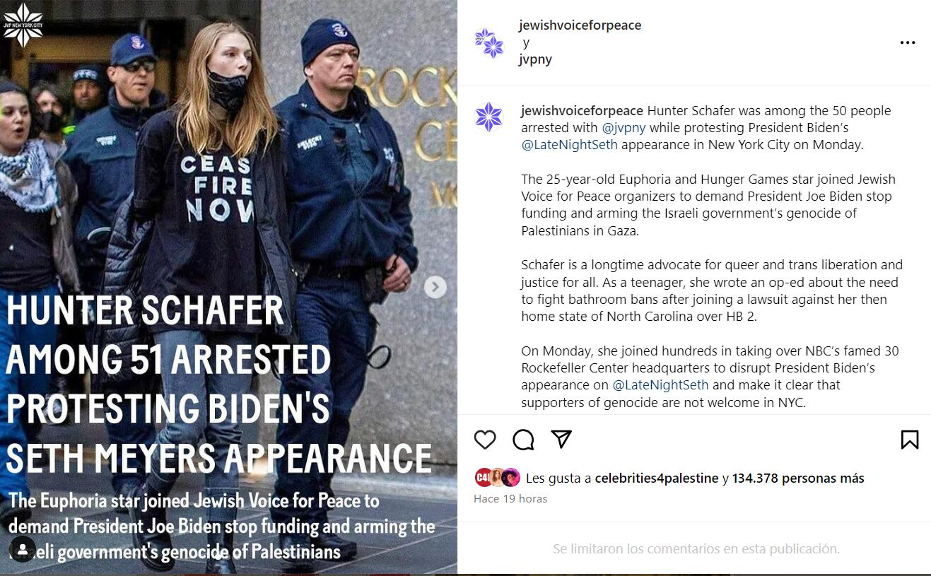 Jewish Voice for Peace reportó el arresto de la actriz Hunter Schafer.
