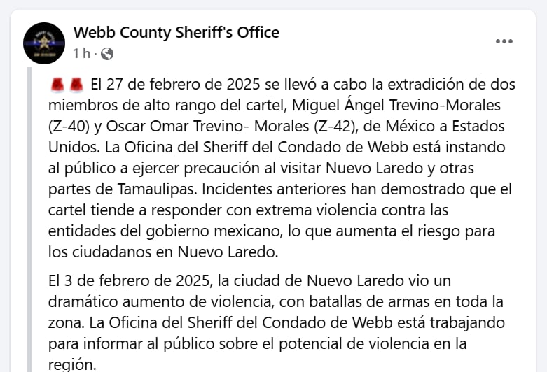 Este es el anuncio que aparece en la página de Facebook de la Oficina del Sheriff del Condado de Webb