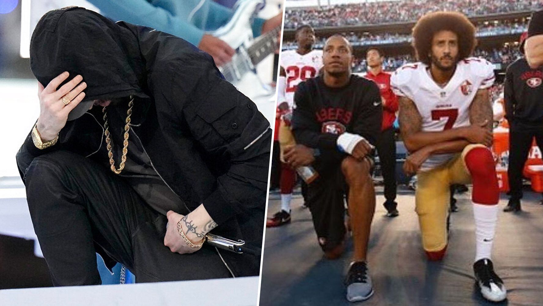 Eminem se arrodilló en el medio tiempo del Super Bowl LIII, en homenaje a Colin Kaepernick. (Foto: AP / Instagram / @kaepernick7)

