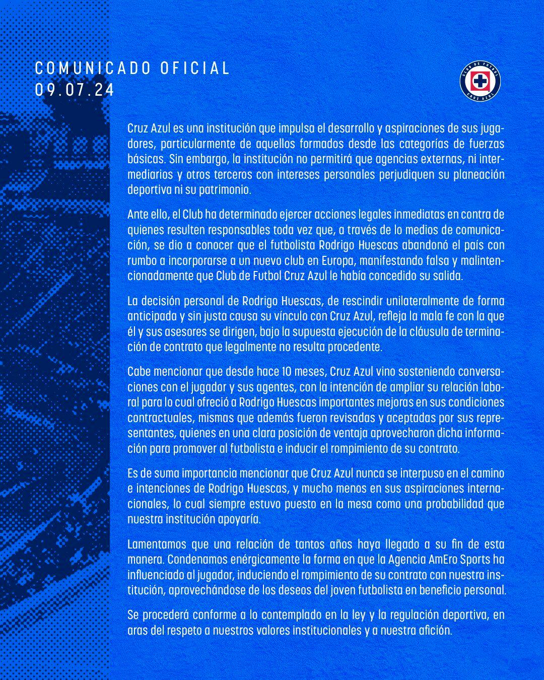Cruz Azul anunció que demandará a su exjugador, Rodrigo Huescas. (Foto: X @cruzazul)