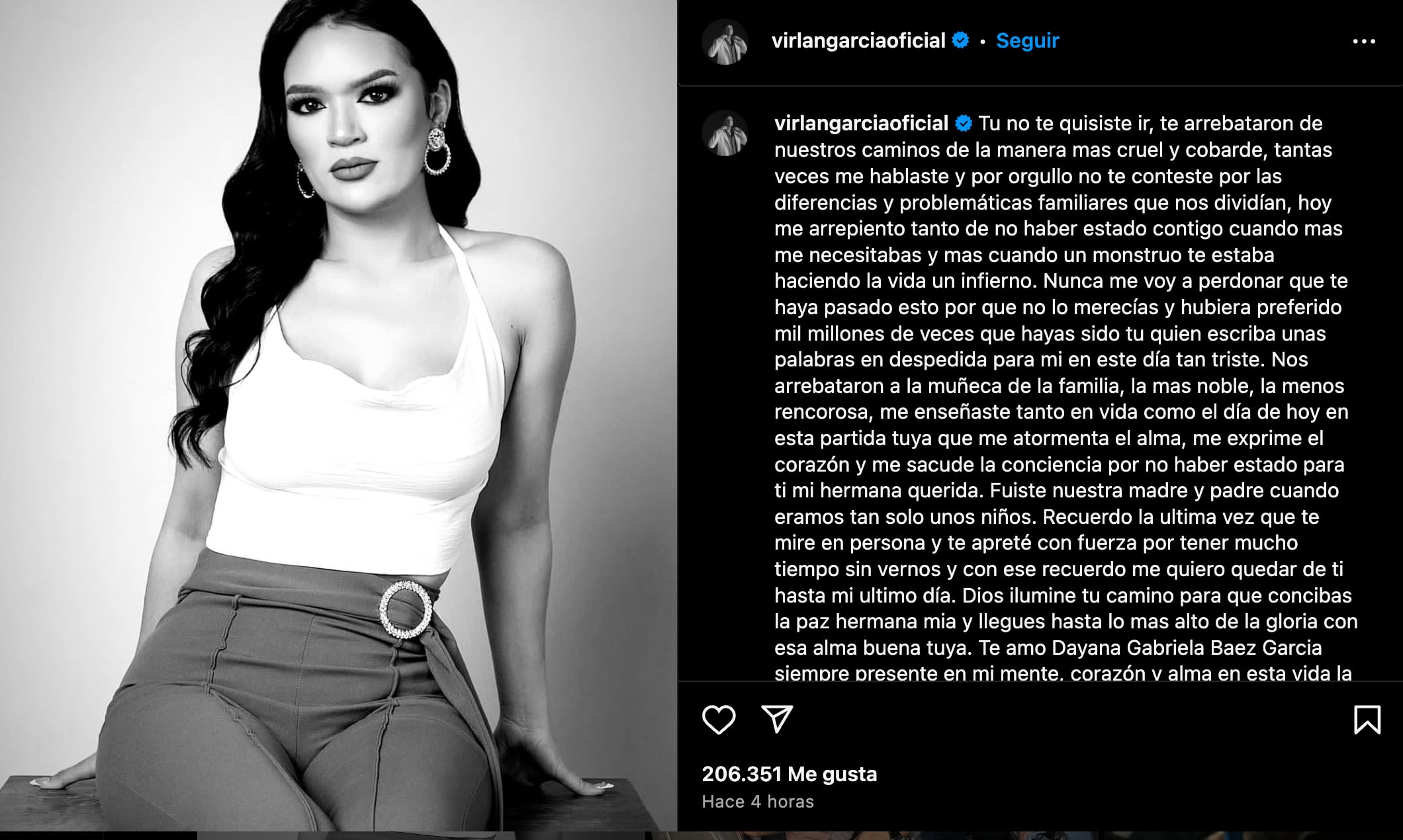 Virlán García comparte mensaje a su Instagram tras las muerte de su hermana. (Foto: instagram virlangarciaoficial)
