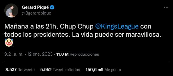 Captura de pantalla de la publicación de Gerard Piqué en Twitter.