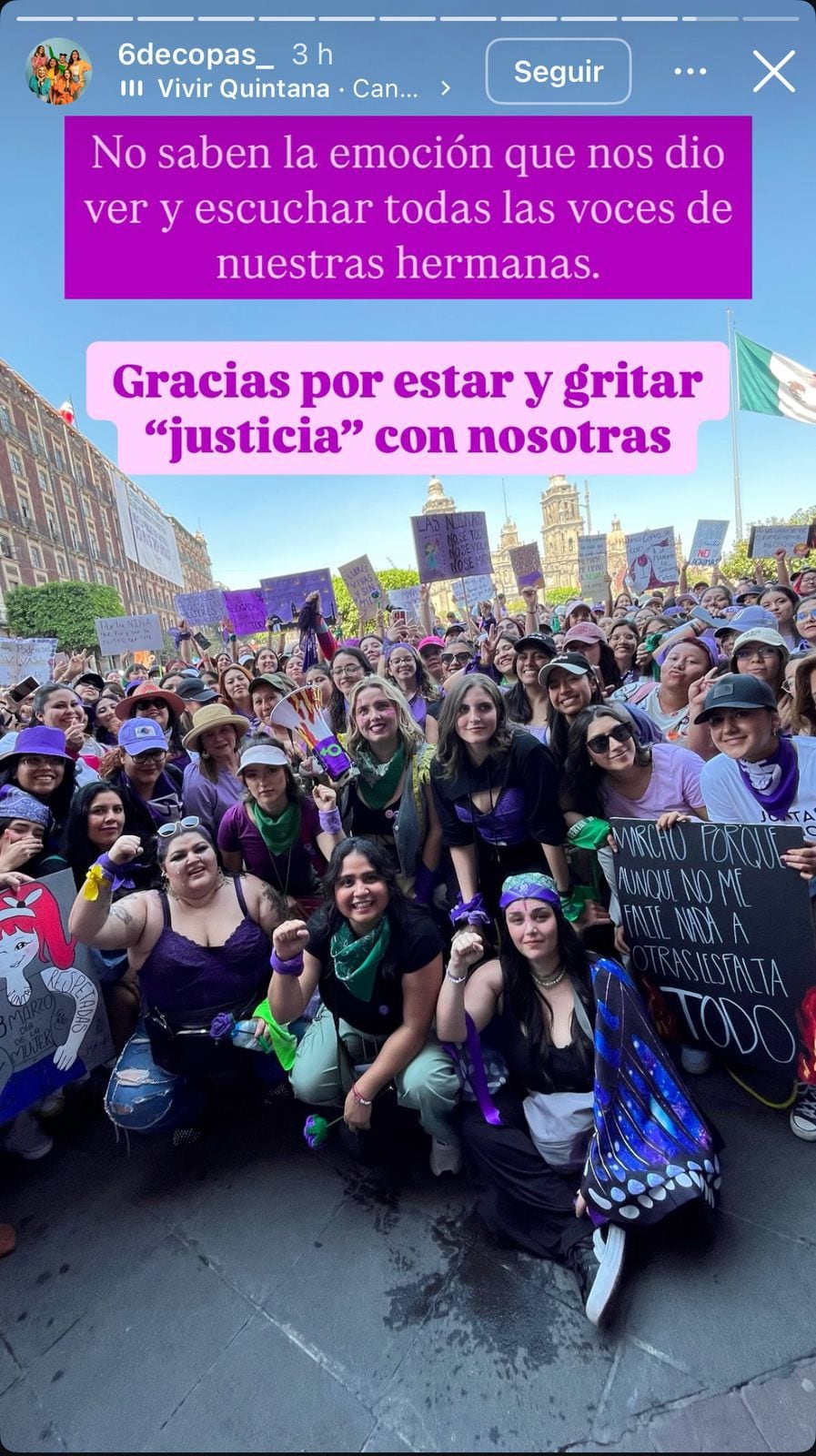 Las integrantes del podcast '6 de copas' en la marcha de este sábado 8 de marzo. (Foto: Captura de pantalla)