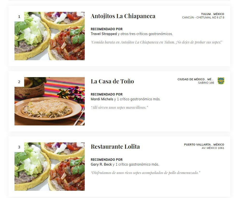 TasteAtlas y su Top 3 de mejores lugares para comer sopes en el mundo. (Foto: Captura de pantalla / tasteatlas.com)