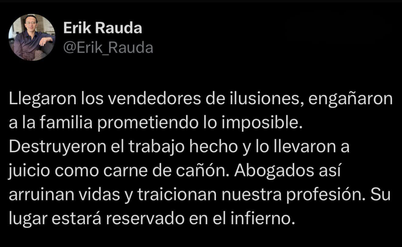 Publicación de Erik Rauda en X. (Foto: Captura de pantalla)