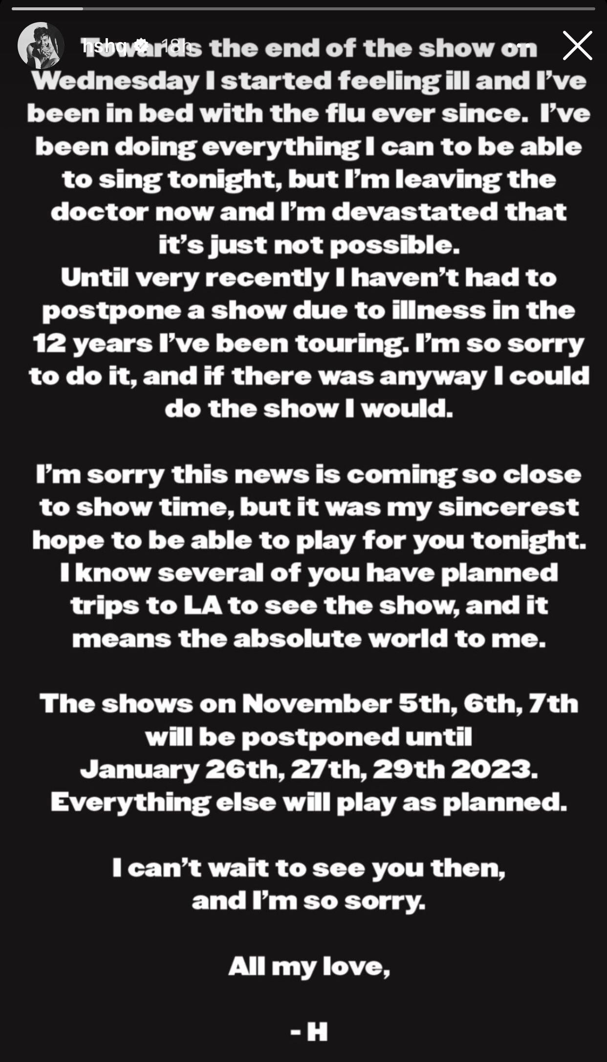 Harry Styles se disculpó con sus fanáticos tras la cancelación de tres de sus conciertos. (Foto: Instagram / @hshq)