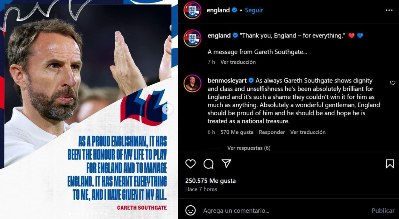 Publicación de la selección de Inglaterra sobre Gareh Southgate en Instagram. (Foto: Captura de pantalla)