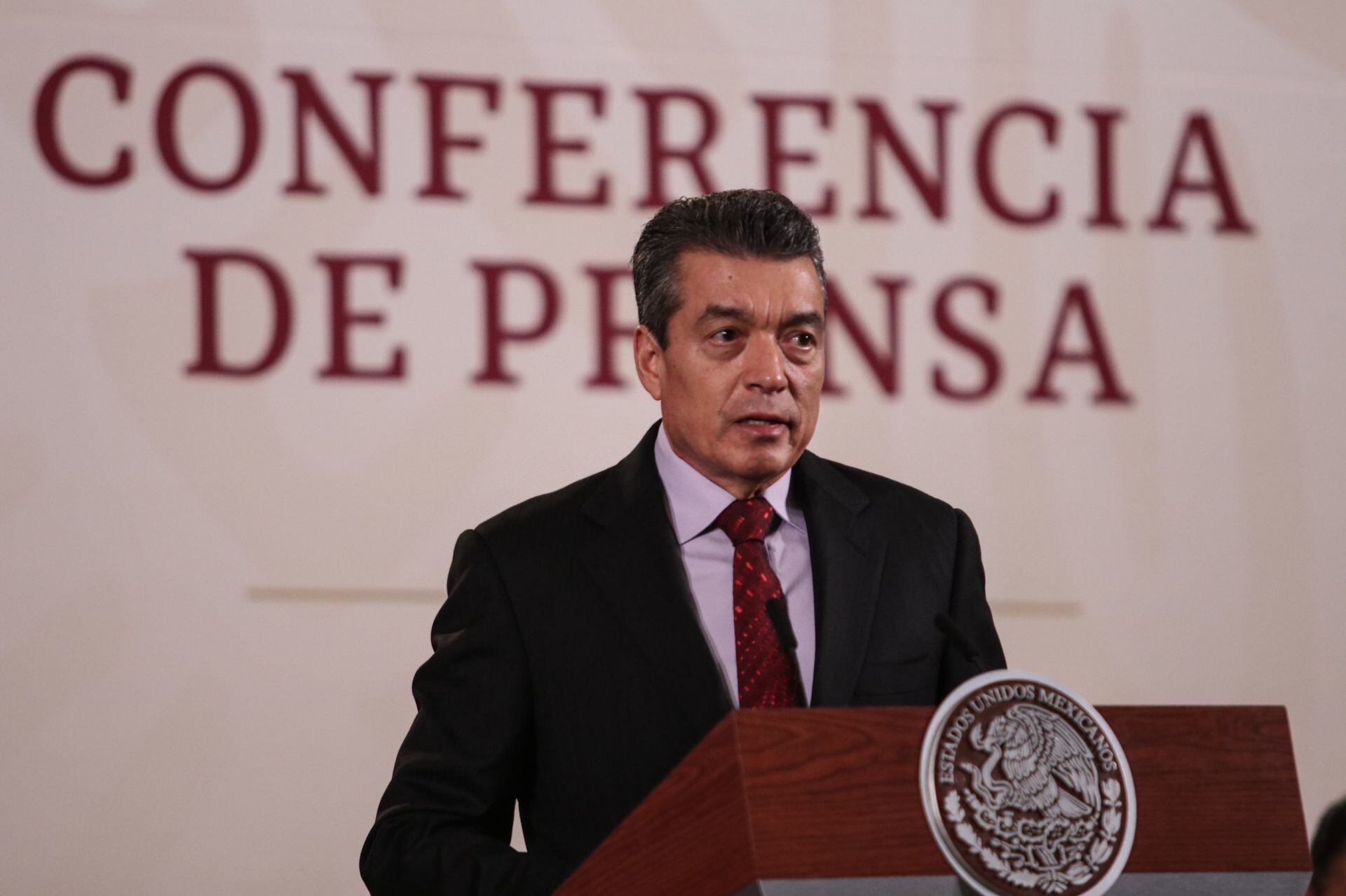 Rutilio Cruz Escandón durante una conferencia del presidente López Obrador en Palacio Nacional. 