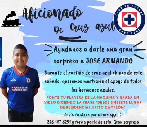 Esta es la convocatoria del amigo de José Armando para que los aficionados de Cruz Azul le envíen mensajes de ánimo. (Foto: X / captura del video de @rod_lopez).