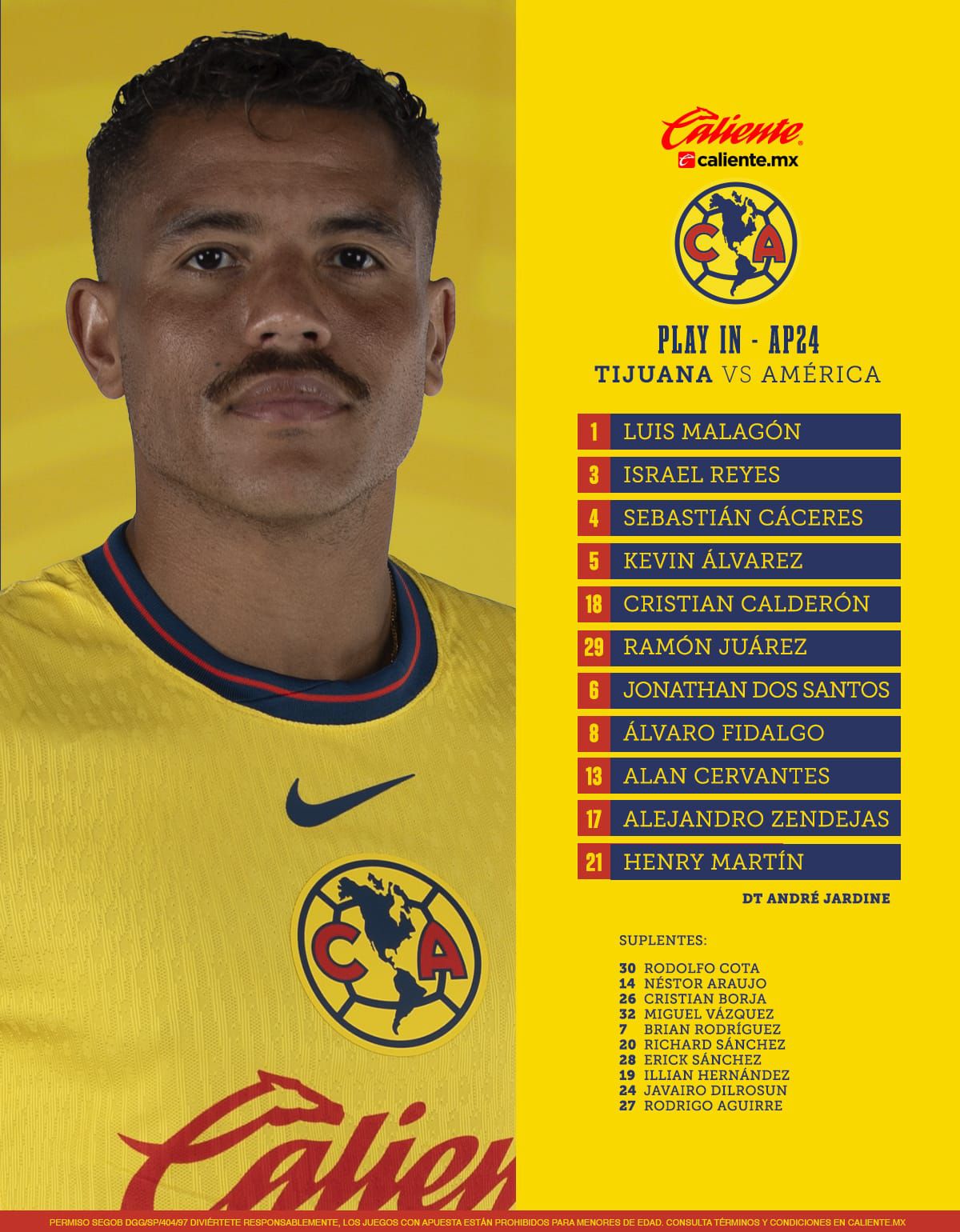 El 11 inicial de América para enfrentar a Xolos. (Foto: X @clubamerica)