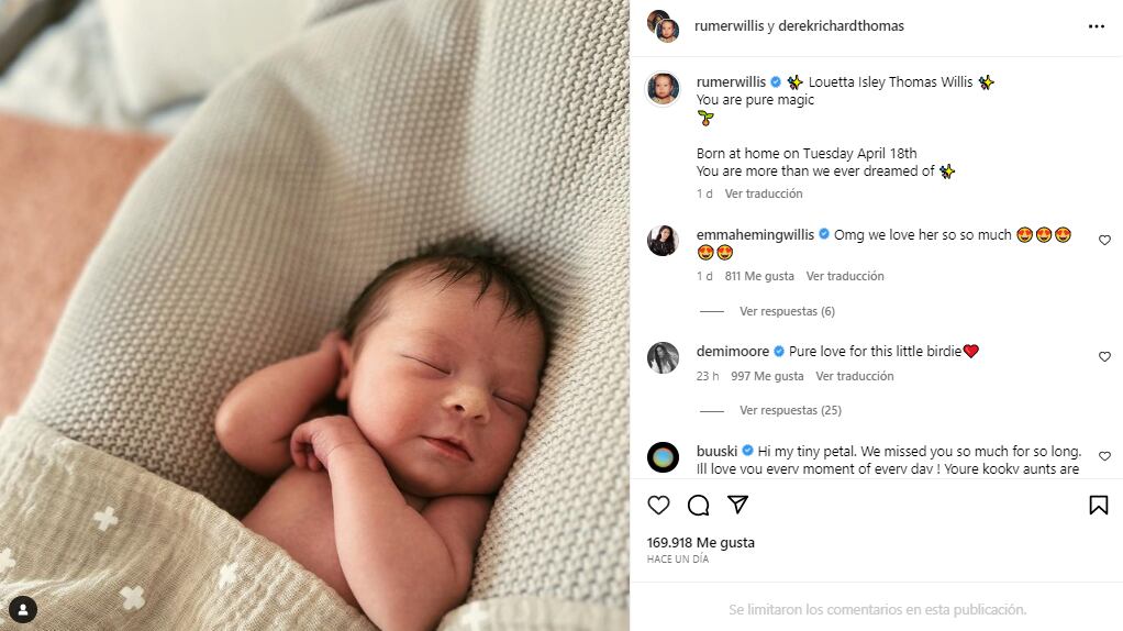 Rumer Willis presentó a su hija, la primera nieta de Bruce Willis y Demi Moore. (Foto: Instagram @rumerwillis)