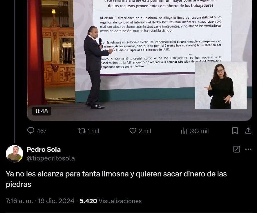 Comentario de Pedrito Sola en X. (Foto: Captura de pantalla)