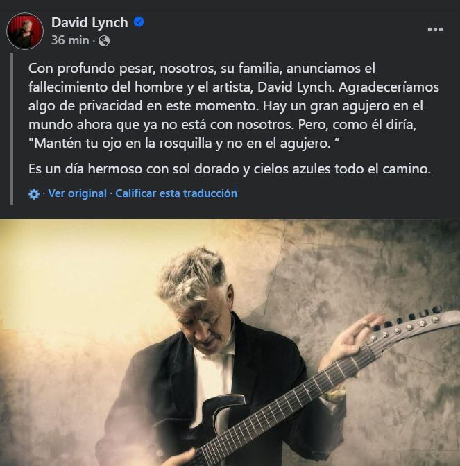 Publicación sobre el fallecimiento de David Lynch. (Foto: Captura de pantalla / Facebook)