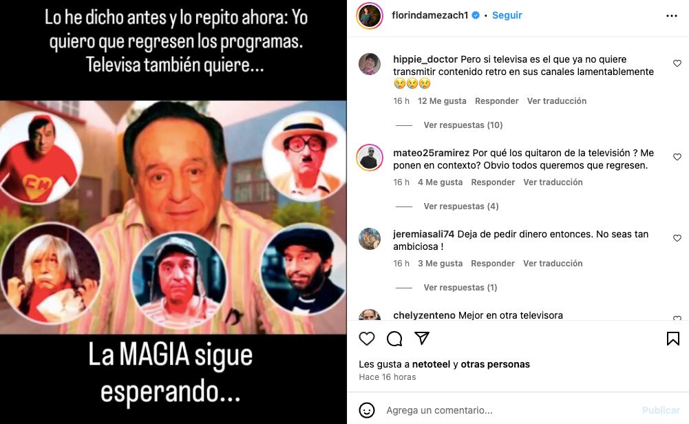 En un comunicado, Florinda Meza pidió que 'descongelen' los programas de 'Chespirito' en la televisión. (Foto: Instagram / @florindamezach1).