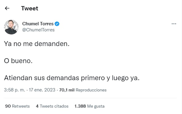 Chumel Torres reaccionó a la demanda de Gloria Trevi (Foto: Twitter @ChumelTorres)