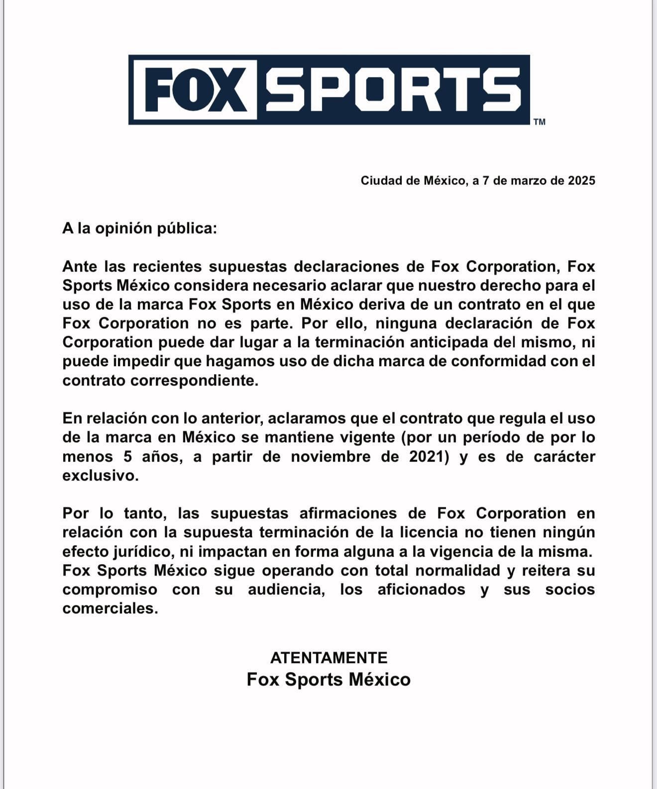 Comunicado de Grupo Lauman respecto al uso de derechos de Fox Sports en México. (Foto: X @Foxsportsmx)