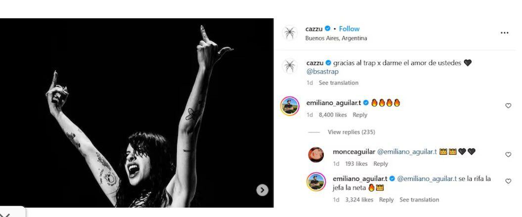 Emiliano Aguilar comentó el post de Cazzu. (Foto: Captura Instagram @cazzu)