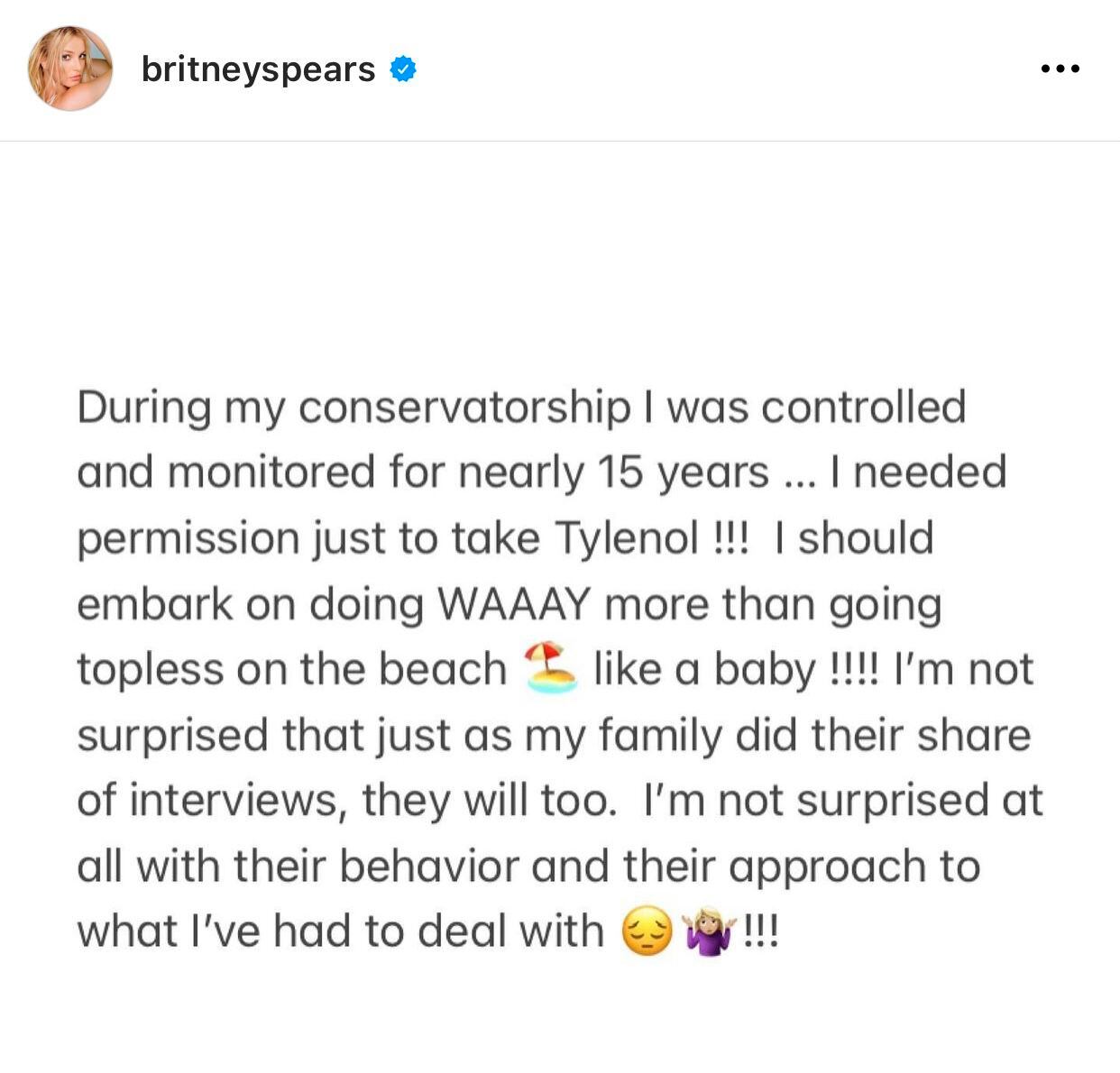 Declaraciones de Britney Spears a través de sus redes sociales. (Foto: Instagram / @britneyspears)