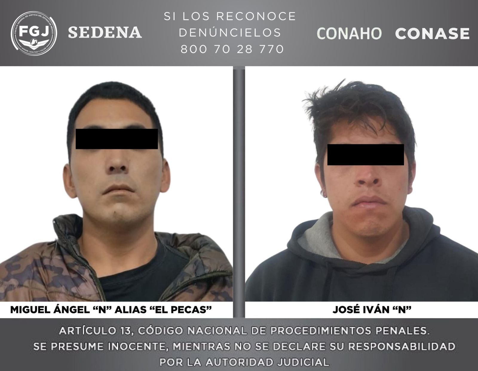Miguel Ángel 'N' y José Iván 'N' fueron vinculados a proceso por el asesinato de Paola Salcedo. (Foto: Fiscalía General de Justicia del Estado de México)