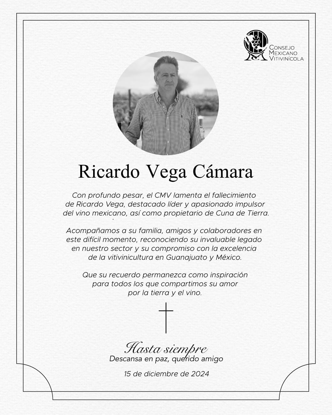 Ricardo Vega Cámara fue un impulsor del vino mexicano. (Foto: @cmv_mx).