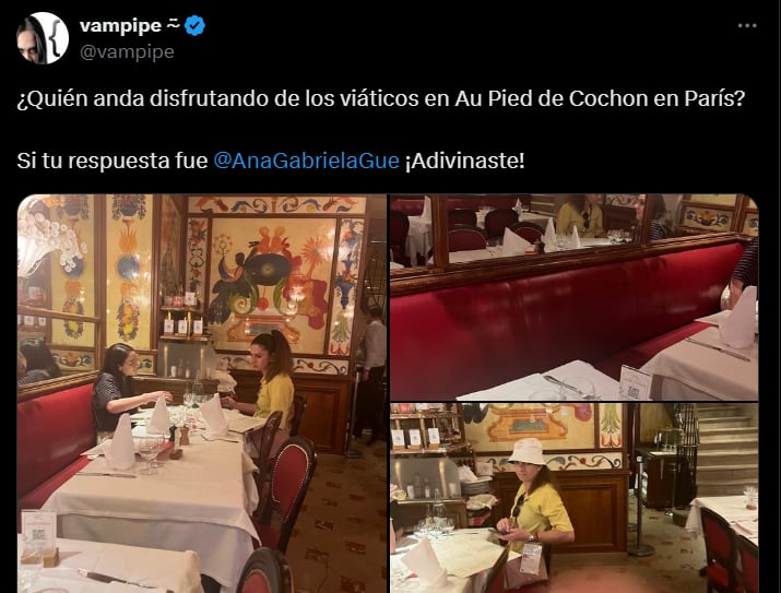 Ana Gabriela Guevara fue vista, presuntamente, en un restaurante de lujo en París: Au Pied du Cochon. (Foto: Captura @vampipe)