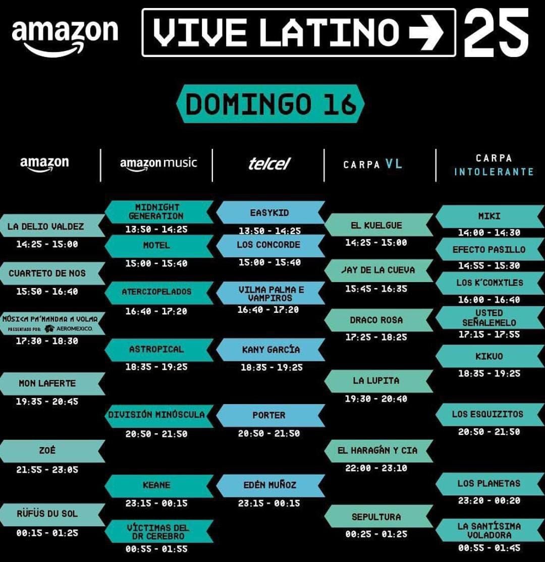 Horarios y escenarios del Vive Latino 2025 para el domingo 16 de marzo. (Foto: Vive Latino)