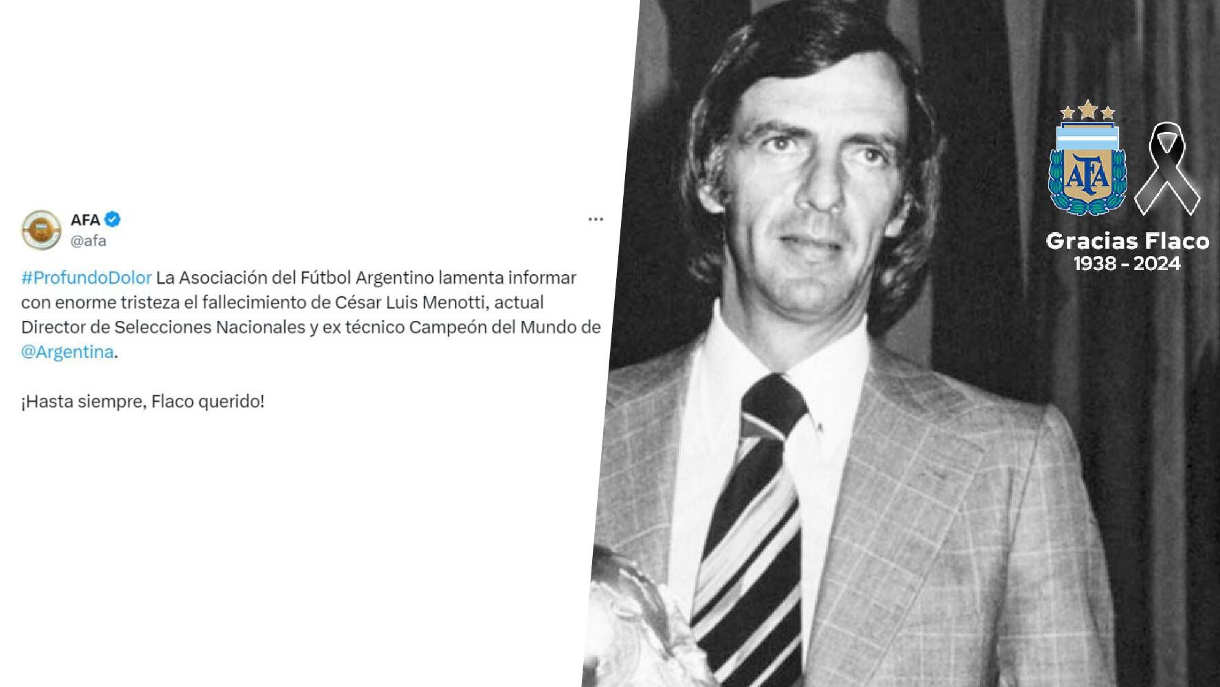 Mensaje de la Asociación de Futbol Argentino sobre la muerte de César Luis Menotti. (Foto: X / @afa)